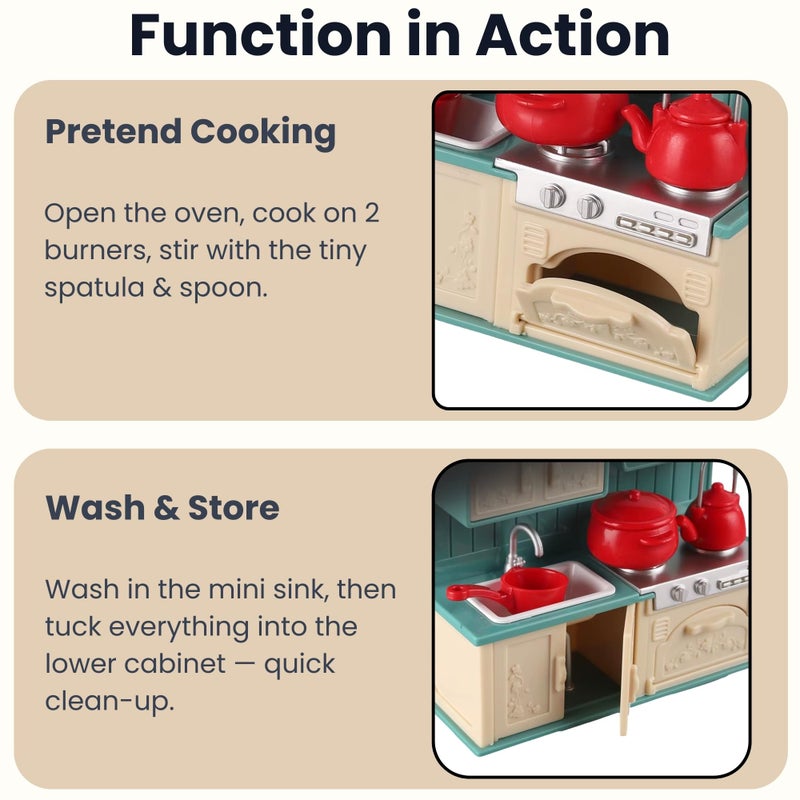 OLEOCA Family Dollhouse Kitchen Set â€” Miniature Stove, Sink & Oven with Frying Pan, Saucepan, Kettle, Utensils & Cutting Board â€” Dollhouse Furniture & Accessories for Ages 3+ - Image 4