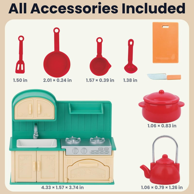 OLEOCA Family Dollhouse Kitchen Set â€” Miniature Stove, Sink & Oven with Frying Pan, Saucepan, Kettle, Utensils & Cutting Board â€” Dollhouse Furniture & Accessories for Ages 3+ - Image 3