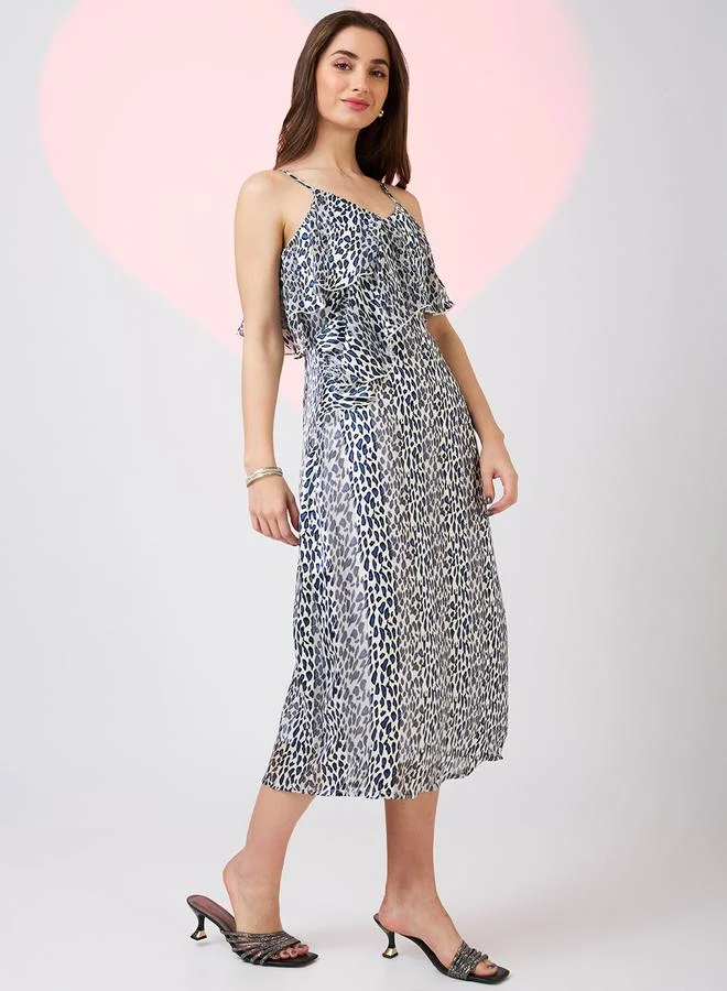 globus Leopard Printed V-Neck Strappy Midi Dress