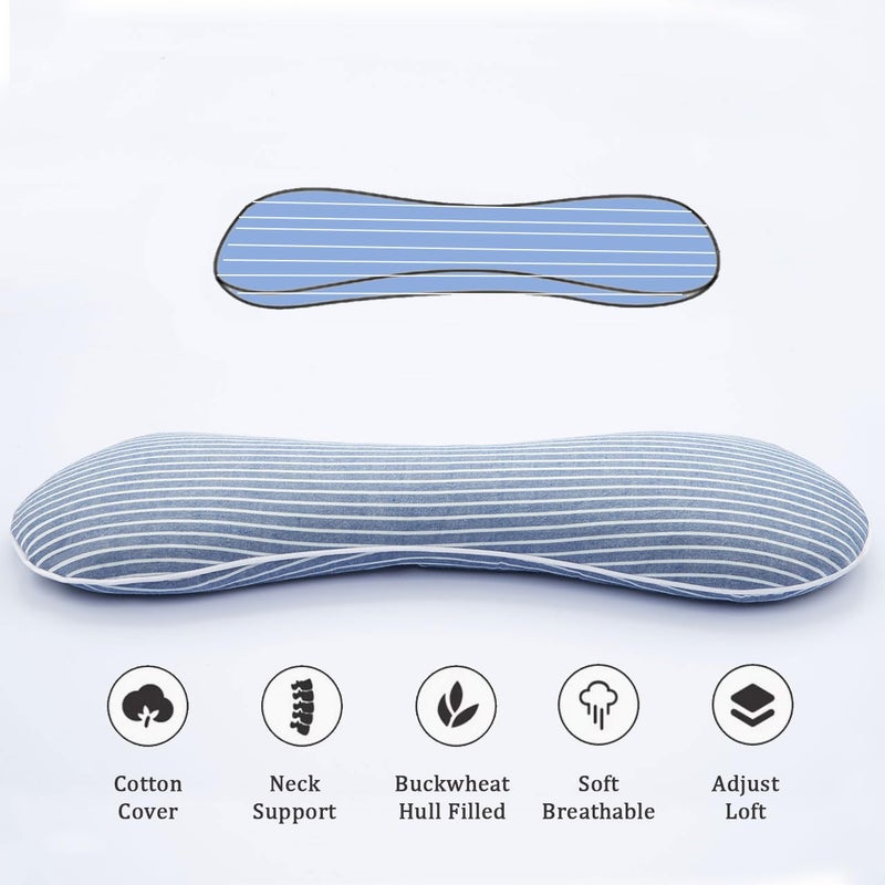 EDMILE Buckwheat Pillow Cervical Neck Pillow, Buckwheat Hulls Filling Cooling Lumbar Support Pillow, Adjustable Firmness Ergonomic Design with Washable Cover, Blue 19"X7" - Image 2