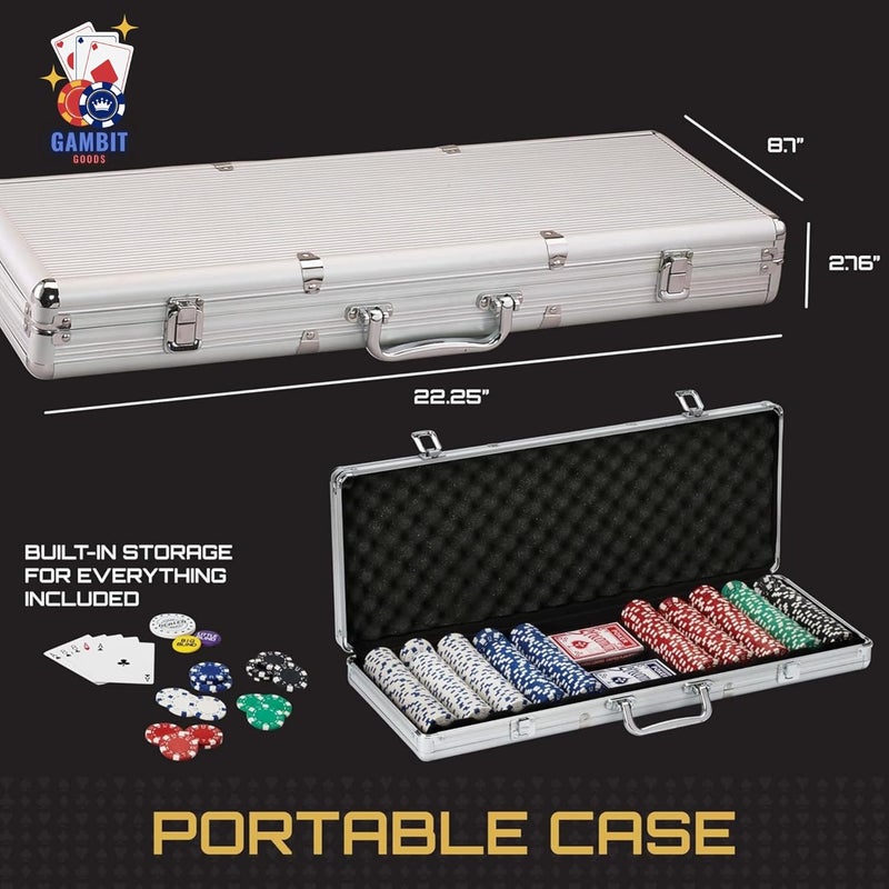 Gambit Goods طقم رقائق بوكر فاخرة مكون من 500 قطعة مع علبة ألمنيوم، بطاقات، نرد، وزر الموزع - رموز متعددة الألوان بأسلوب كازينو متميز للبالغين - مثالي للألعاب المتعددة اللاعبين الكلاسيكية - Image 2