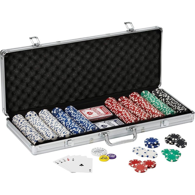 Gambit Goods طقم رقائق بوكر فاخرة مكون من 500 قطعة مع علبة ألمنيوم، بطاقات، نرد، وزر الموزع - رموز متعددة الألوان بأسلوب كازينو متميز للبالغين - مثالي للألعاب المتعددة اللاعبين الكلاسيكية - Image 1