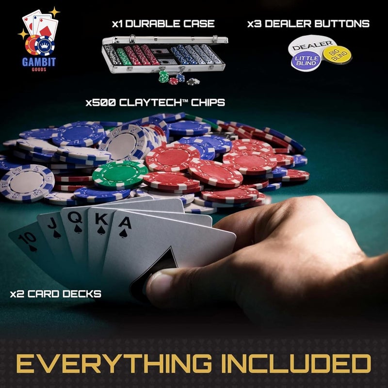 Gambit Goods طقم رقائق بوكر فاخرة مكون من 500 قطعة مع علبة ألمنيوم، بطاقات، نرد، وزر الموزع - رموز متعددة الألوان بأسلوب كازينو متميز للبالغين - مثالي للألعاب المتعددة اللاعبين الكلاسيكية - Image 5