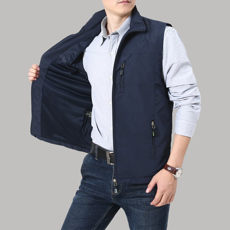 Vest Jacket Men'S Spring & Fall Thin Pure Color Stand Collar Casual Men'S Vest Outdoor Middle-Aged Loose Waistcoat For Men - Image 4