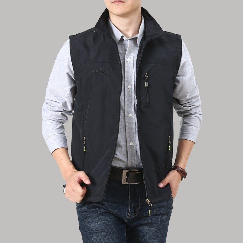 Vest Jacket Men'S Spring & Fall Thin Pure Color Stand Collar Casual Men'S Vest Outdoor Middle-Aged Loose Waistcoat For Men - Image 5