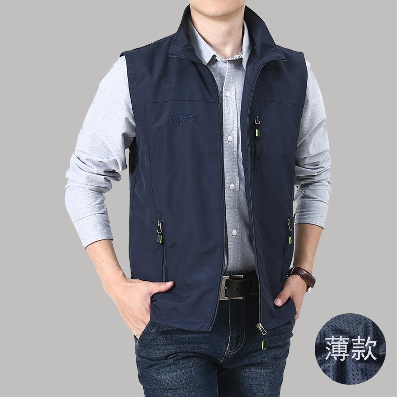 Vest Jacket Men'S Spring & Fall Thin Pure Color Stand Collar Casual Men'S Vest Outdoor Middle-Aged Loose Waistcoat For Men - Image 2
