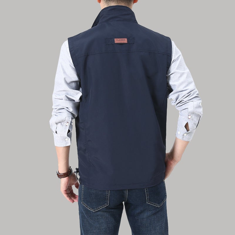 Vest Jacket Men'S Spring & Fall Thin Pure Color Stand Collar Casual Men'S Vest Outdoor Middle-Aged Loose Waistcoat For Men - Image 3