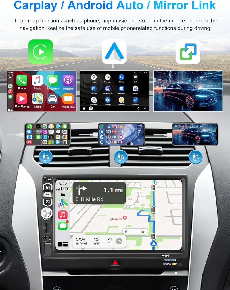 podofo Single Din Car Stereo with Apple Carplay, Android Auto, Bluetooth 5.1, 7 Inch HD Touchscreen, FM Radio, Backup Camera - Image 2