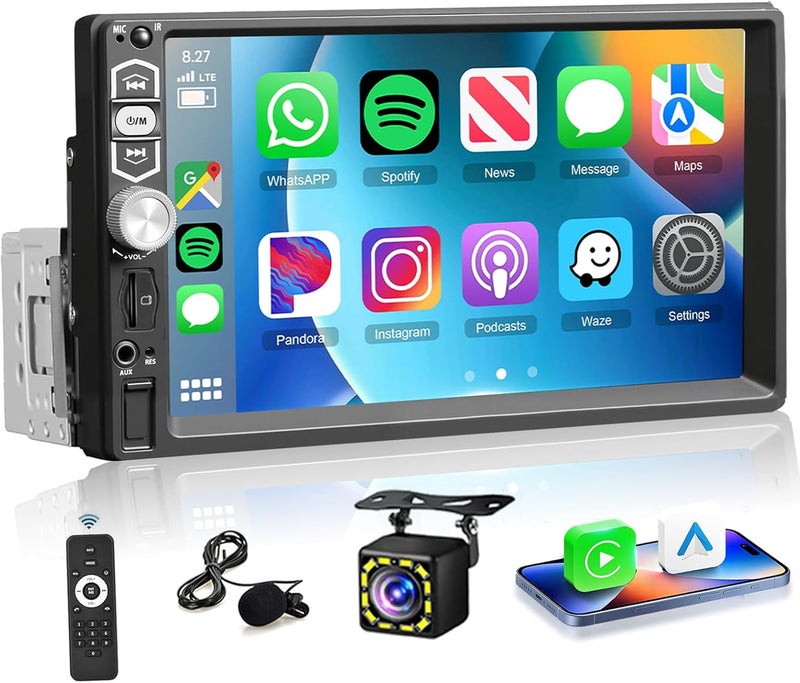 podofo Single Din Car Stereo with Apple Carplay, Android Auto, Bluetooth 5.1, 7 Inch HD Touchscreen, FM Radio, Backup Camera - Image 1