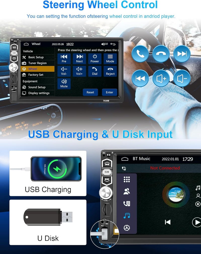 podofo Single Din Car Stereo with Apple Carplay, Android Auto, Bluetooth 5.1, 7 Inch HD Touchscreen, FM Radio, Backup Camera - Image 5