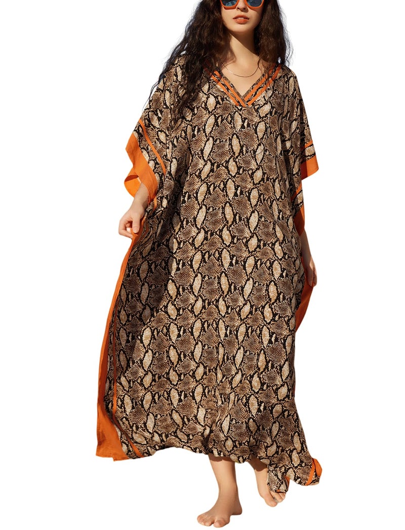 KECVOT Kaftan Dresses for Women V-Neck Print Swimsuit Cover Up Plus Size Beach Caftan Lounge Dress - Image 1