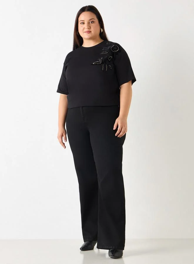 Ulla Popken Plus Size Ulla Popken Embellished T-shirt with Short Sleeves