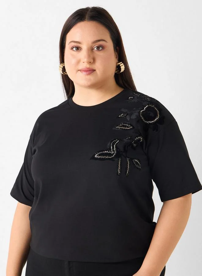 Ulla Popken Plus Size Ulla Popken Embellished T-shirt with Short Sleeves