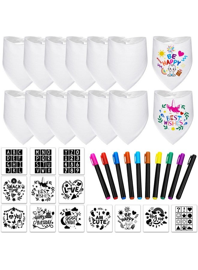 Jutom 38 Pcs Diy Baby Bibs Decorating Sets Includes 14 White Baby Bibs 10 Fabric Paint Markers 14 Stencils 2 Ply Cotton Drool Bibs Plain Baby Shower Game Gifts For Boys Girls Gender Reveal Party  - Image 1