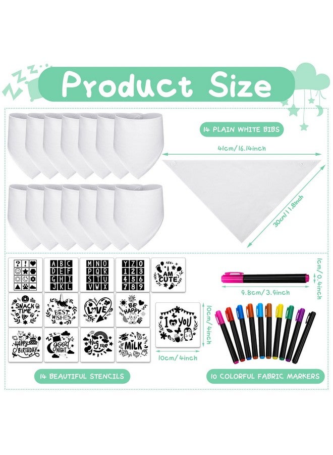 Jutom 38 Pcs Diy Baby Bibs Decorating Sets Includes 14 White Baby Bibs 10 Fabric Paint Markers 14 Stencils 2 Ply Cotton Drool Bibs Plain Baby Shower Game Gifts For Boys Girls Gender Reveal Party  - Image 2