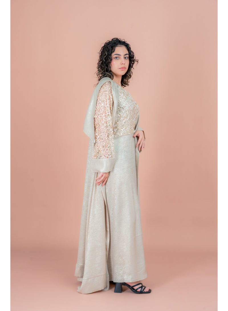 اكسا جلابية بتصميم عصري لامع بيج - Image 3