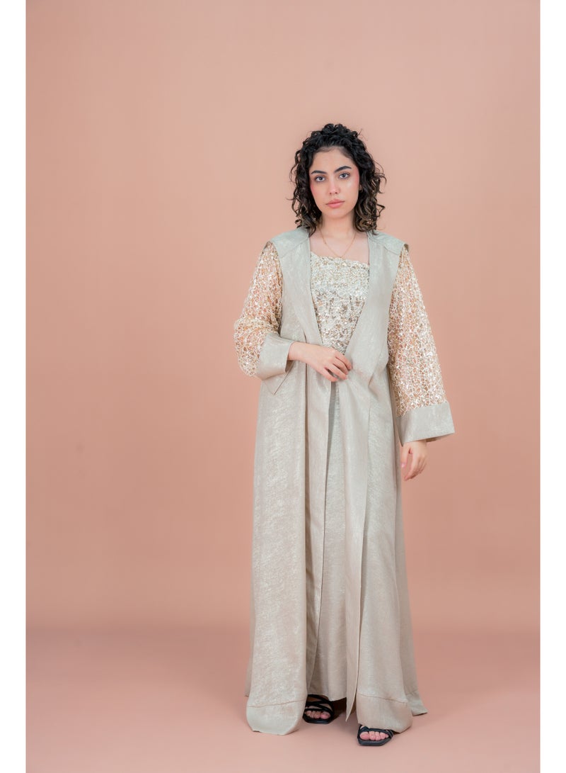 اكسا جلابية بتصميم عصري لامع بيج - Image 1