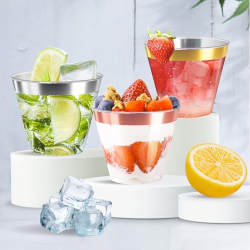 Byvivace [200 Pack] 9oz Clear Plastic Cups with Rose Gold Rimmed Sturdy & Food Safe Disposable Wine Glasses Party Wedding Disposable Drinking Cups Plastic Cocktail Glasses for Wine, Juice & Cold Beverages - Image 5