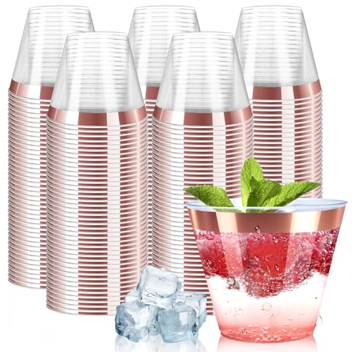 Byvivace [200 Pack] 9oz Clear Plastic Cups with Rose Gold Rimmed Sturdy & Food Safe Disposable Wine Glasses Party Wedding Disposable Drinking Cups Plastic Cocktail Glasses for Wine, Juice & Cold Beverages - Image 1
