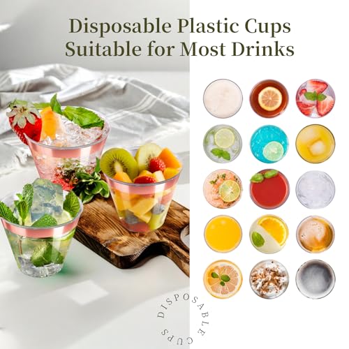 Byvivace [200 Pack] 9oz Clear Plastic Cups with Rose Gold Rimmed Sturdy & Food Safe Disposable Wine Glasses Party Wedding Disposable Drinking Cups Plastic Cocktail Glasses for Wine, Juice & Cold Beverages - Image 4