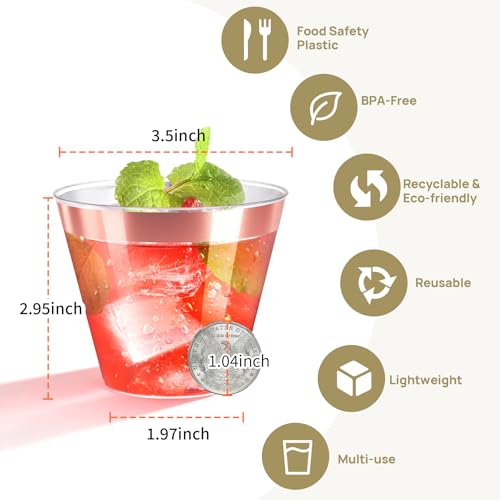 Byvivace [200 Pack] 9oz Clear Plastic Cups with Rose Gold Rimmed Sturdy & Food Safe Disposable Wine Glasses Party Wedding Disposable Drinking Cups Plastic Cocktail Glasses for Wine, Juice & Cold Beverages - Image 3
