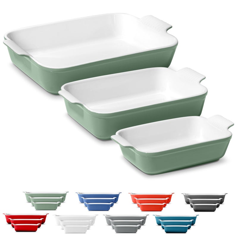 ROSSALLINI Stoneware Casserole Dish Bakeware Set of 3 | Rectangular Dinnerware Set with Handles [Sage Green] - Image 1