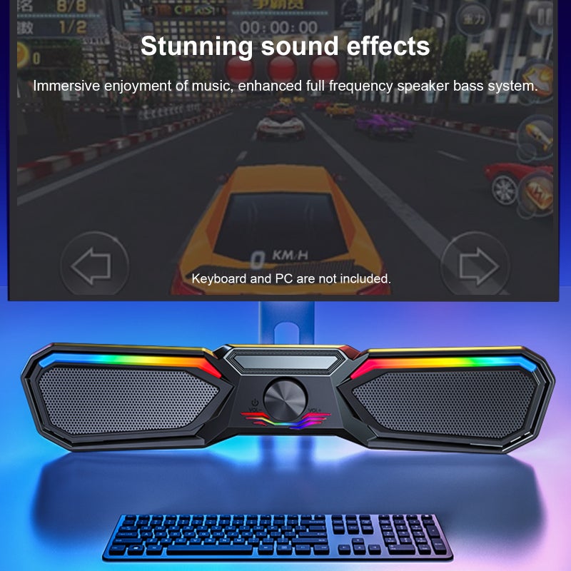 USB Wired SoundBar: 3.5mm Audio Plug, Lossless Bass Stereo Surround, Cool LED Ambient Light - Multi-function Knob Control, Light Portable Black Computer Speaker for Home Desktop, Laptop, TV, Smartphon - Image 4