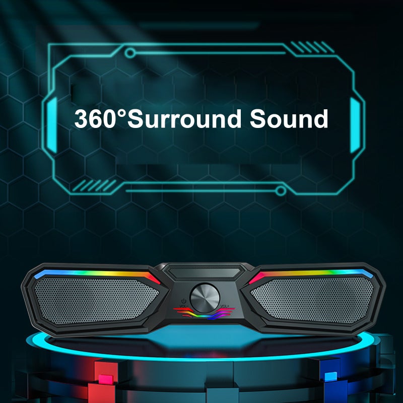 USB Wired SoundBar: 3.5mm Audio Plug, Lossless Bass Stereo Surround, Cool LED Ambient Light - Multi-function Knob Control, Light Portable Black Computer Speaker for Home Desktop, Laptop, TV, Smartphon - Image 2