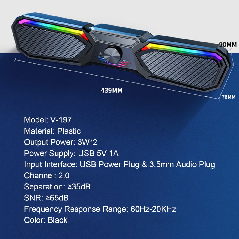 USB Wired SoundBar: 3.5mm Audio Plug, Lossless Bass Stereo Surround, Cool LED Ambient Light - Multi-function Knob Control, Light Portable Black Computer Speaker for Home Desktop, Laptop, TV, Smartphon - Image 3