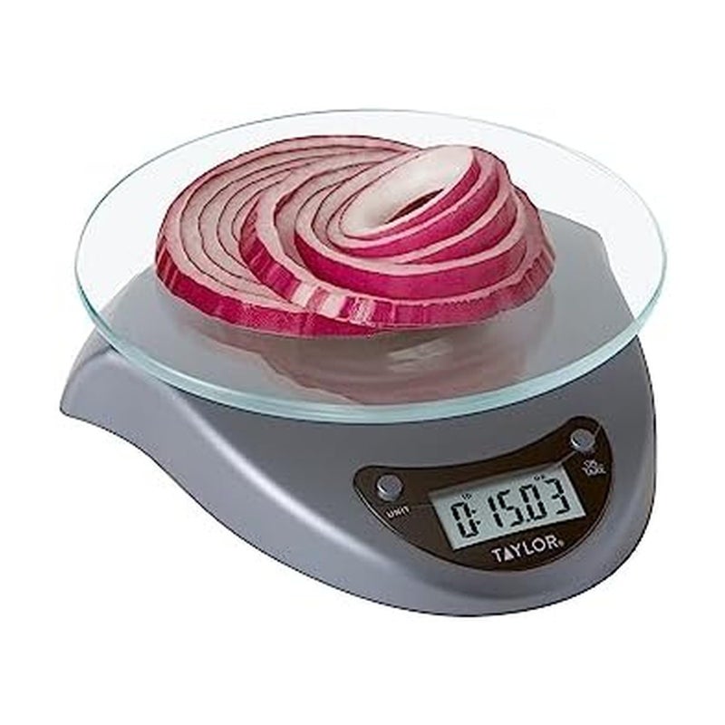 Taylor Digital Kitchen Scale with Glass Platform Tare Button and Plastic Body Weighs up to 11 Pounds Capacity Silver