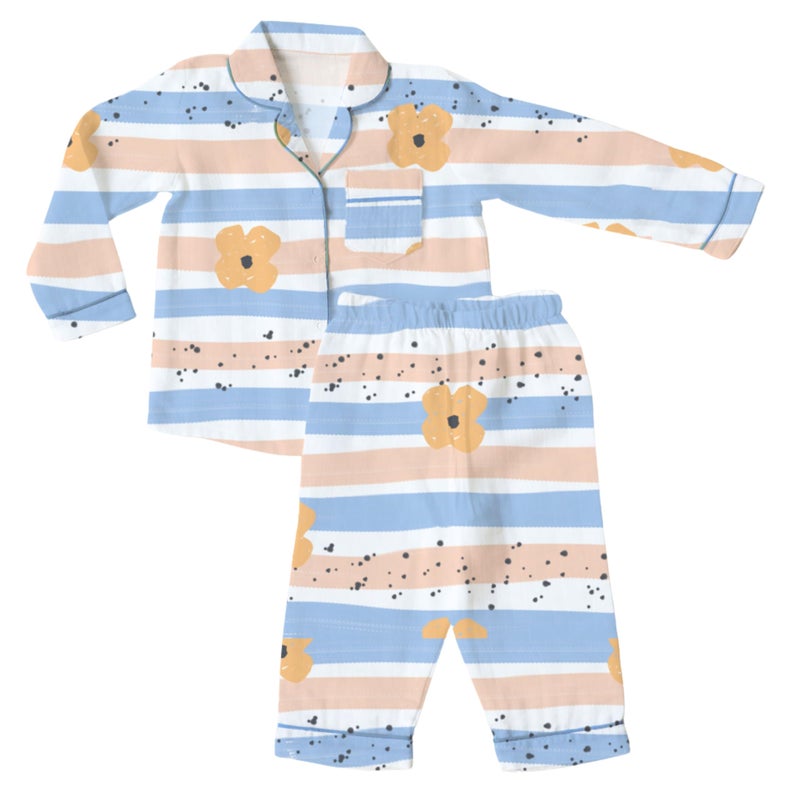 Cocoon Care 100% Bamboo Cotton Muslin Printed Night Suit for Babies - Floral Cheerful Stripes Print Pink - Image 1