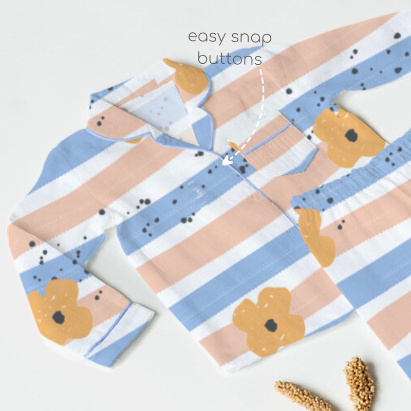 Cocoon Care 100% Bamboo Cotton Muslin Printed Night Suit for Babies - Floral Cheerful Stripes Print Pink - Image 3