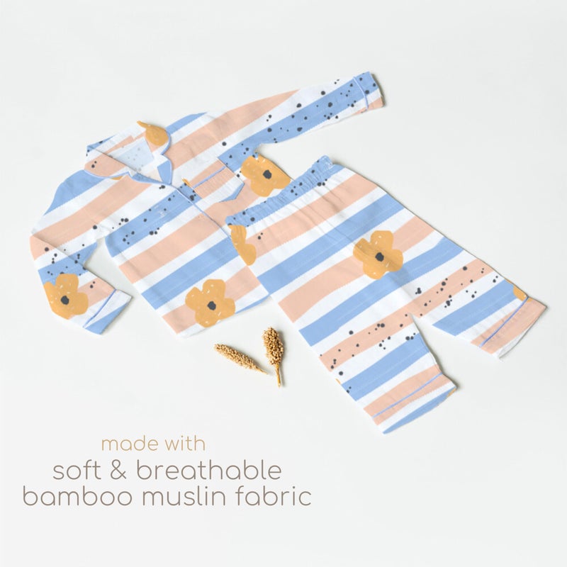 Cocoon Care 100% Bamboo Cotton Muslin Printed Night Suit for Babies - Floral Cheerful Stripes Print Pink - Image 4