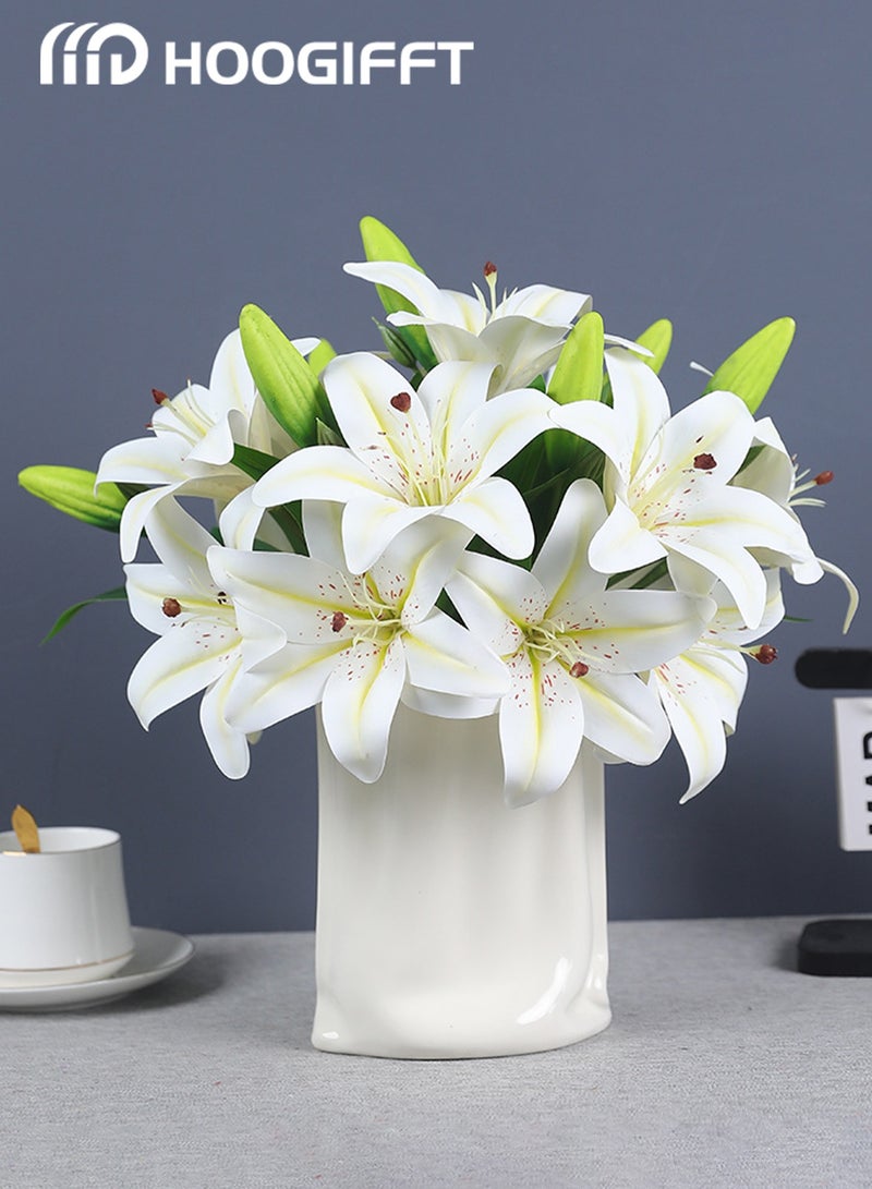 HOOGIFFT 5 Pcs Artificial Lily With 2 blooms and 1 bud, real touch latex flower, White - Image 1