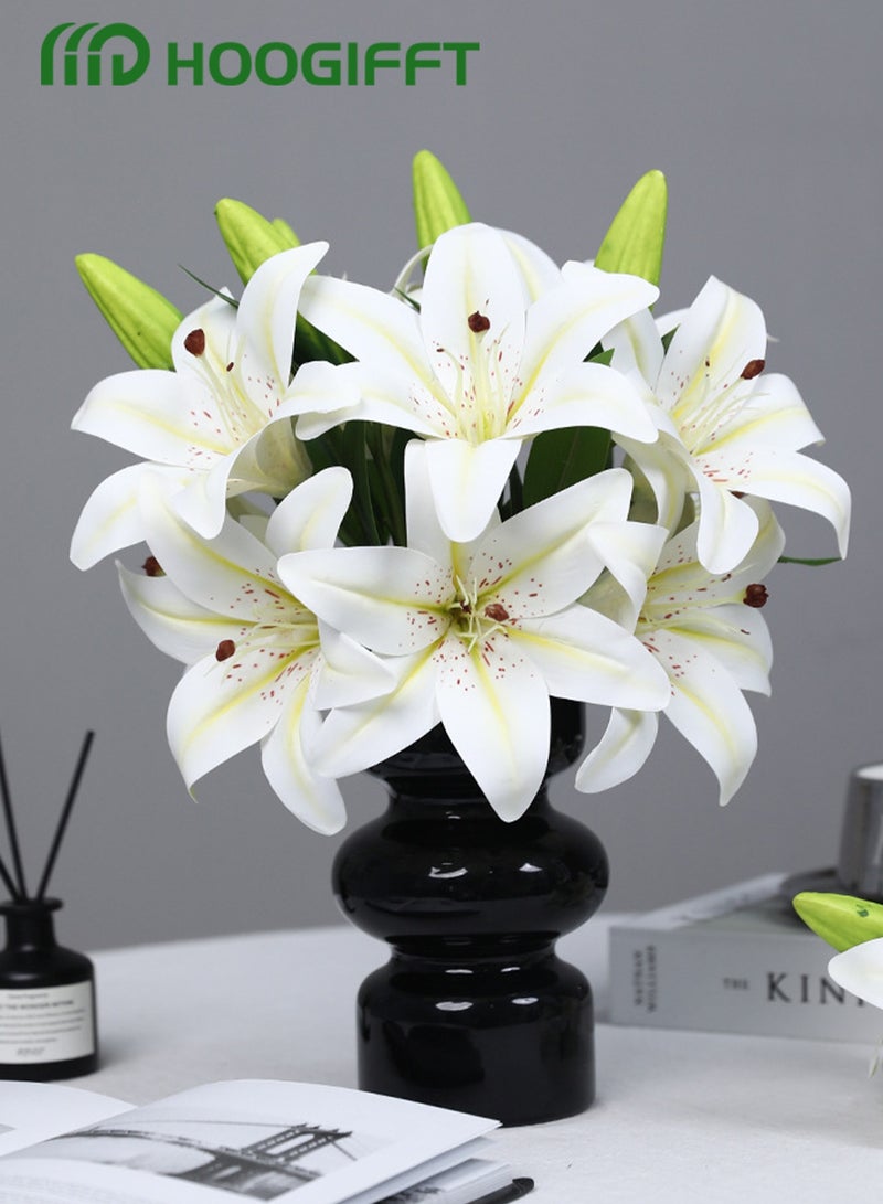 HOOGIFFT 5 Pcs Artificial Lily With 2 blooms and 1 bud, real touch latex flower, White - Image 2