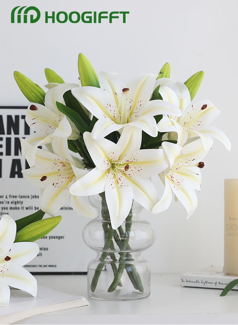 HOOGIFFT 5 Pcs Artificial Lily With 2 blooms and 1 bud, real touch latex flower, White - Image 3
