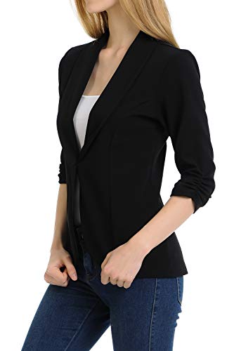 MINEFREE Women's 3/4 Ruched Sleeve Lightweight Work Office Blazer Jacket Black 2XL - Image 3