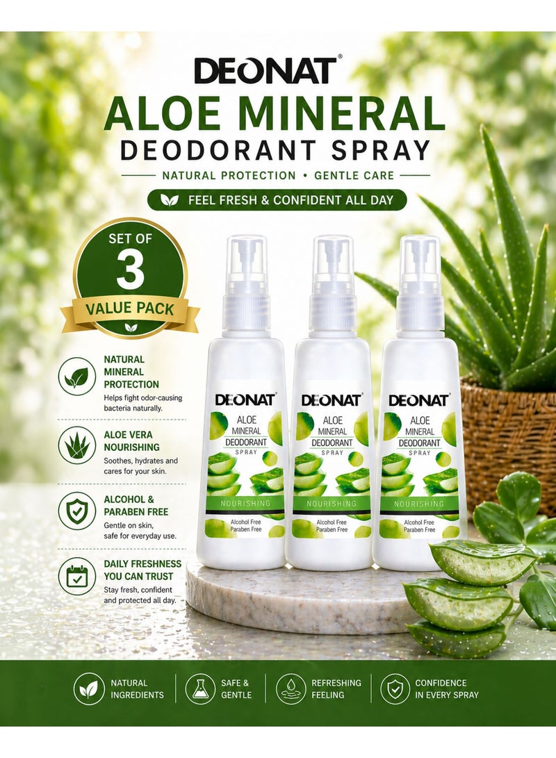DEONAT Aloe Mineral Deodorant Spray Nourishing with Aloe Vera Extract Hydrating Soothing Underarm Care Odor Protection Natural Mineral Deodorant Anti Bacterial Long Lasting Freshness Alcohol Free Paraben Free Gentle Skin Care for Men and Women Daily Use Sensitive Skin 100 ml Pack of 3 - Image 1