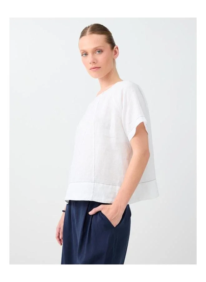 Jimmy Key Broken White 100% Linen Bike Neck Blouse.