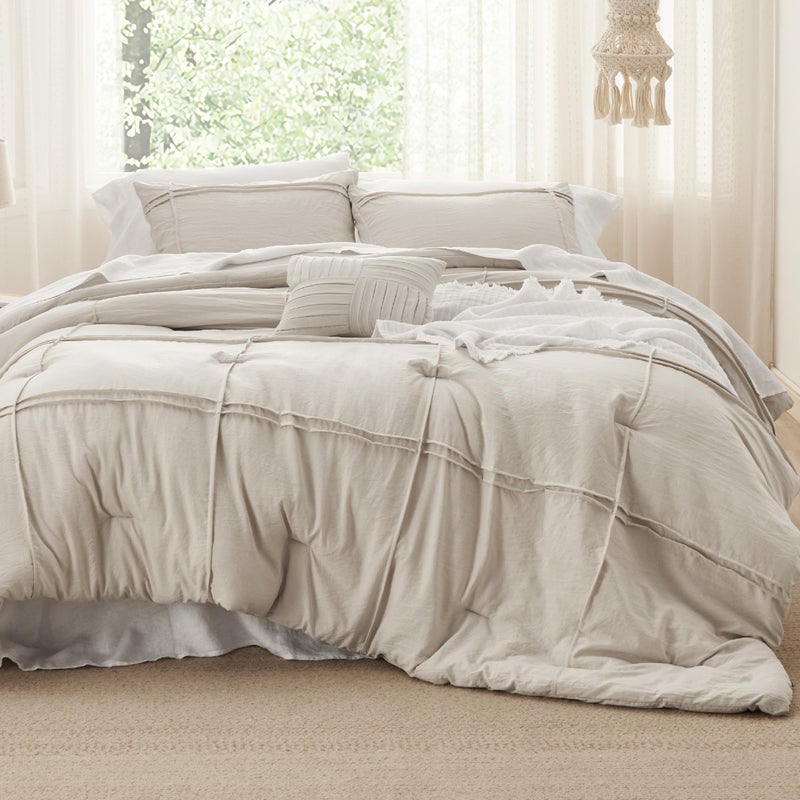 Bedsure 3 Pieces Pinch Grid Pleat Twin Comforter Set suitable for Single mattress, Boho Bedding Set for All Season, Includes 1 Soft Comforter (173 cm x 225 cm), 1 Pillowcase (50 cm x 66 cm) and 1 Decorative Pillow (30 cm x 40 cm), Beige - Image 2