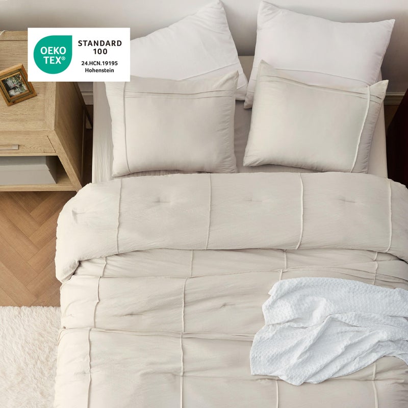 Bedsure 3 Pieces Pinch Grid Pleat Twin Comforter Set suitable for Single mattress, Boho Bedding Set for All Season, Includes 1 Soft Comforter (173 cm x 225 cm), 1 Pillowcase (50 cm x 66 cm) and 1 Decorative Pillow (30 cm x 40 cm), Beige - Image 4