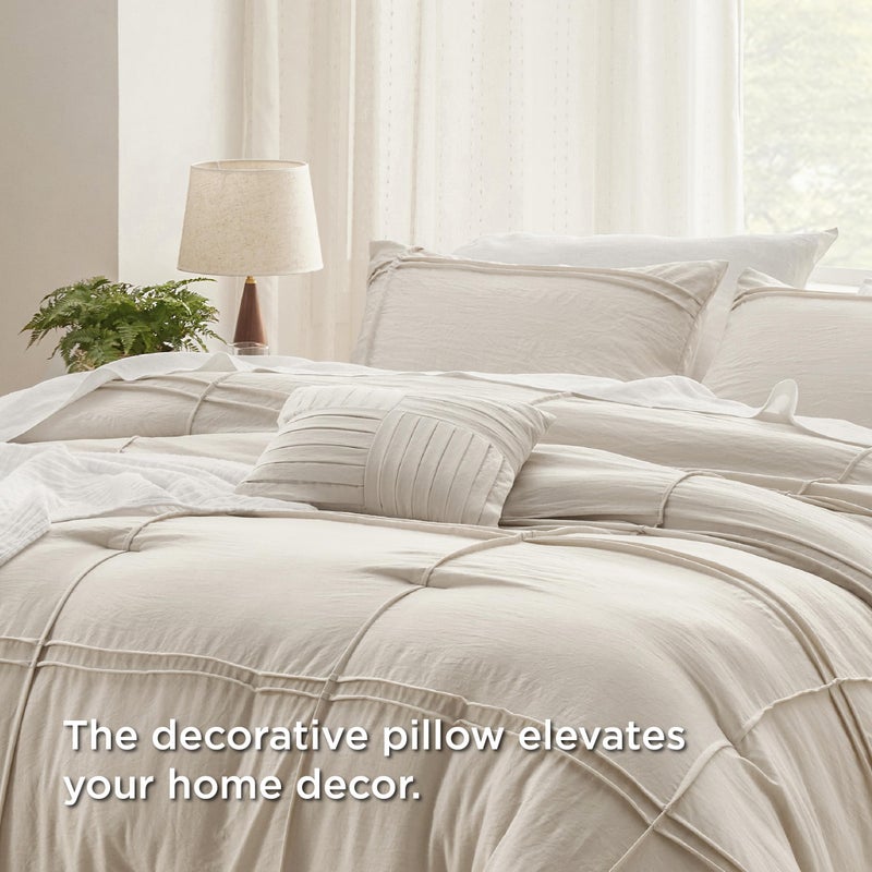 Bedsure 3 Pieces Pinch Grid Pleat Twin Comforter Set suitable for Single mattress, Boho Bedding Set for All Season, Includes 1 Soft Comforter (173 cm x 225 cm), 1 Pillowcase (50 cm x 66 cm) and 1 Decorative Pillow (30 cm x 40 cm), Beige - Image 5