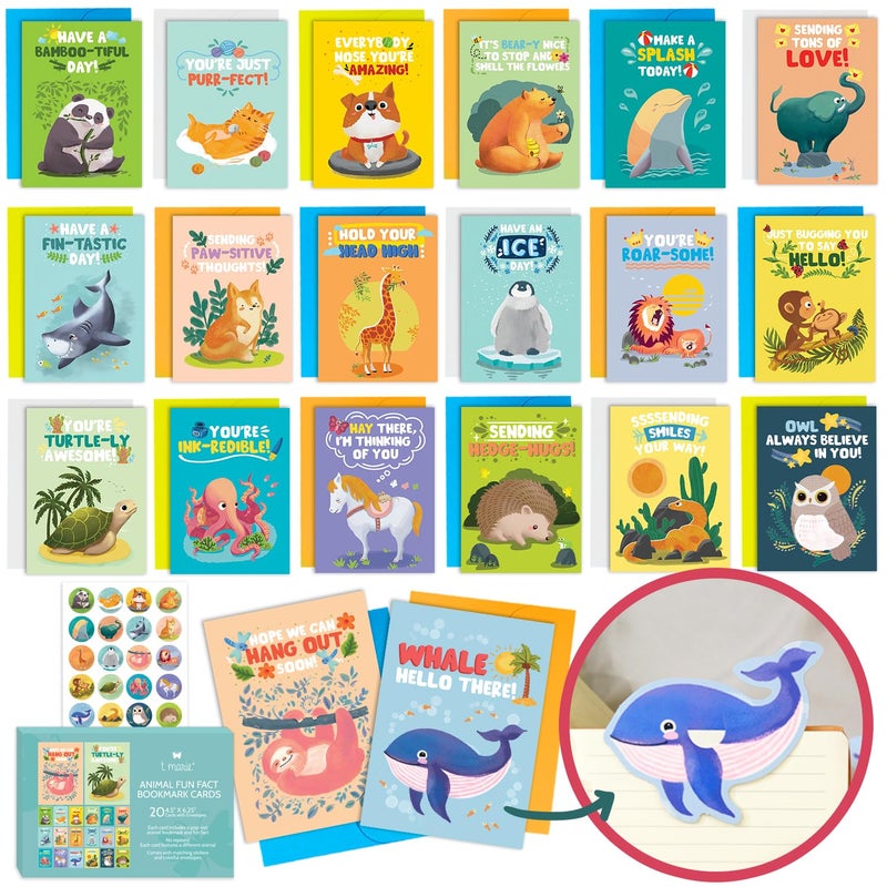 T MARIE Animal Fun Fact Cards with Bookmarks - 20 Greeting Cards with Pop-Out Bookmark Mini Gifts - Punny, Funny Bulk Thinking of You Notecards for Kids, Grandkids, Teachers, Students, Friends, Family & More - Image 1