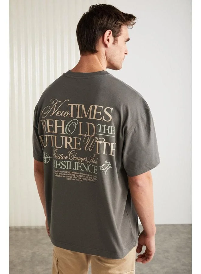 GRIMELANGE Colıbrı Men's Front and Back Print Detailed Oversize Short Sleeve Bike Neck Organic Cotton Grey T‑shirt.