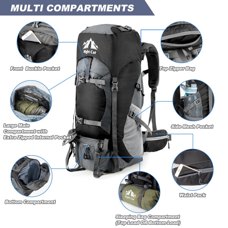 Night Cat Hiking Backpacks 70L Camping Backpacking Packs For Men Women Lightweight Outdoor For Mountaineering Traveling, No Internal Frame - Image 4