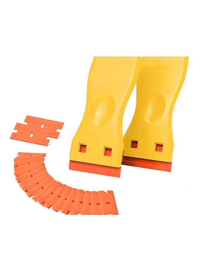 PROMASS Amzuia 2 Pcs Plastic Razor Blade Scraper and 100 Pcs Blades, Remove Label Decal Tool， Forwithout Scratches Plastic Razor Blade Scraper, Adhesive Remover for Stickers and Paints on Window Car Glass