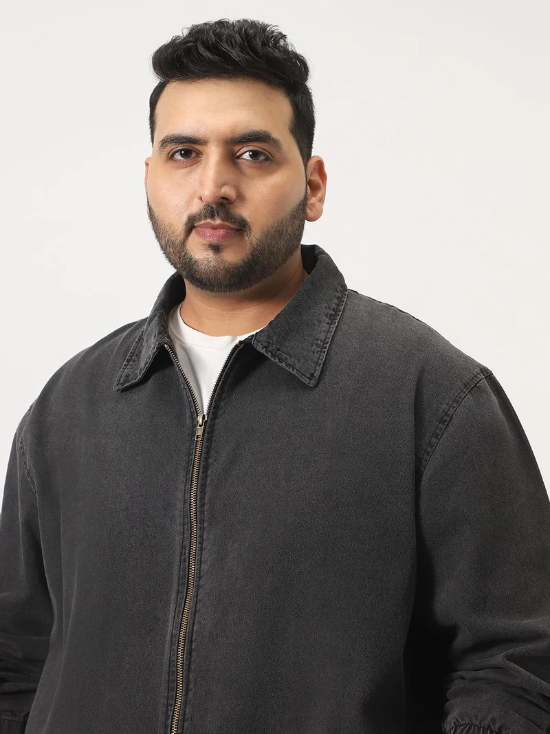 Urbano Fashion  Urbano Plus Men's Grey Relaxed Fit Full Sleeve Harrington Denim Jacket  | Best Price UAE