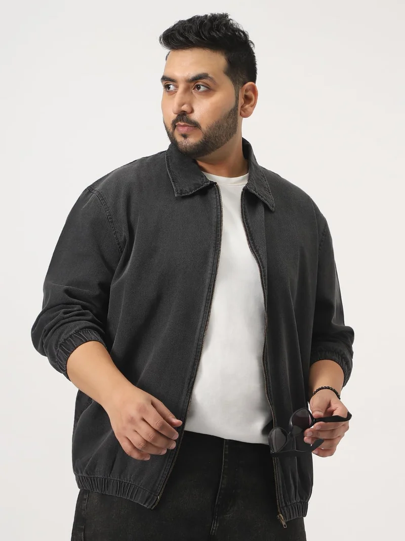 Urbano Plus Men's Grey Relaxed Fit Full Sleeve Harrington Denim Jacket