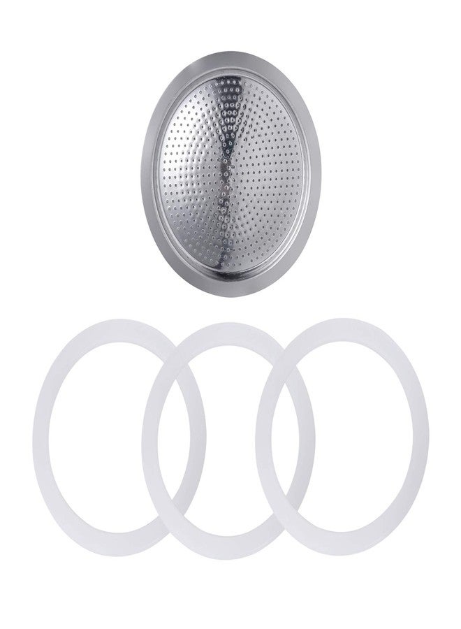 Sivaphe 2 Espresso Cup Stainless Steel Moka Pot Replacement Infuser Parts for Stainless Steel Italian Stovetop Espresso Coffee Maker, 1 Filter and 3 Silicone Gasket Seals - Image 1
