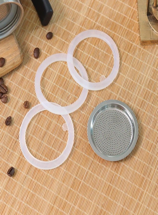 Sivaphe 2 Espresso Cup Stainless Steel Moka Pot Replacement Infuser Parts for Stainless Steel Italian Stovetop Espresso Coffee Maker, 1 Filter and 3 Silicone Gasket Seals - Image 2